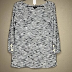 Talbots White Silver Metallic Thread 3/4 Sleeve Pull Over Knit Sweater XS